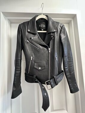Veda Black lambskin Leather Biker Jacket with Belted Waist